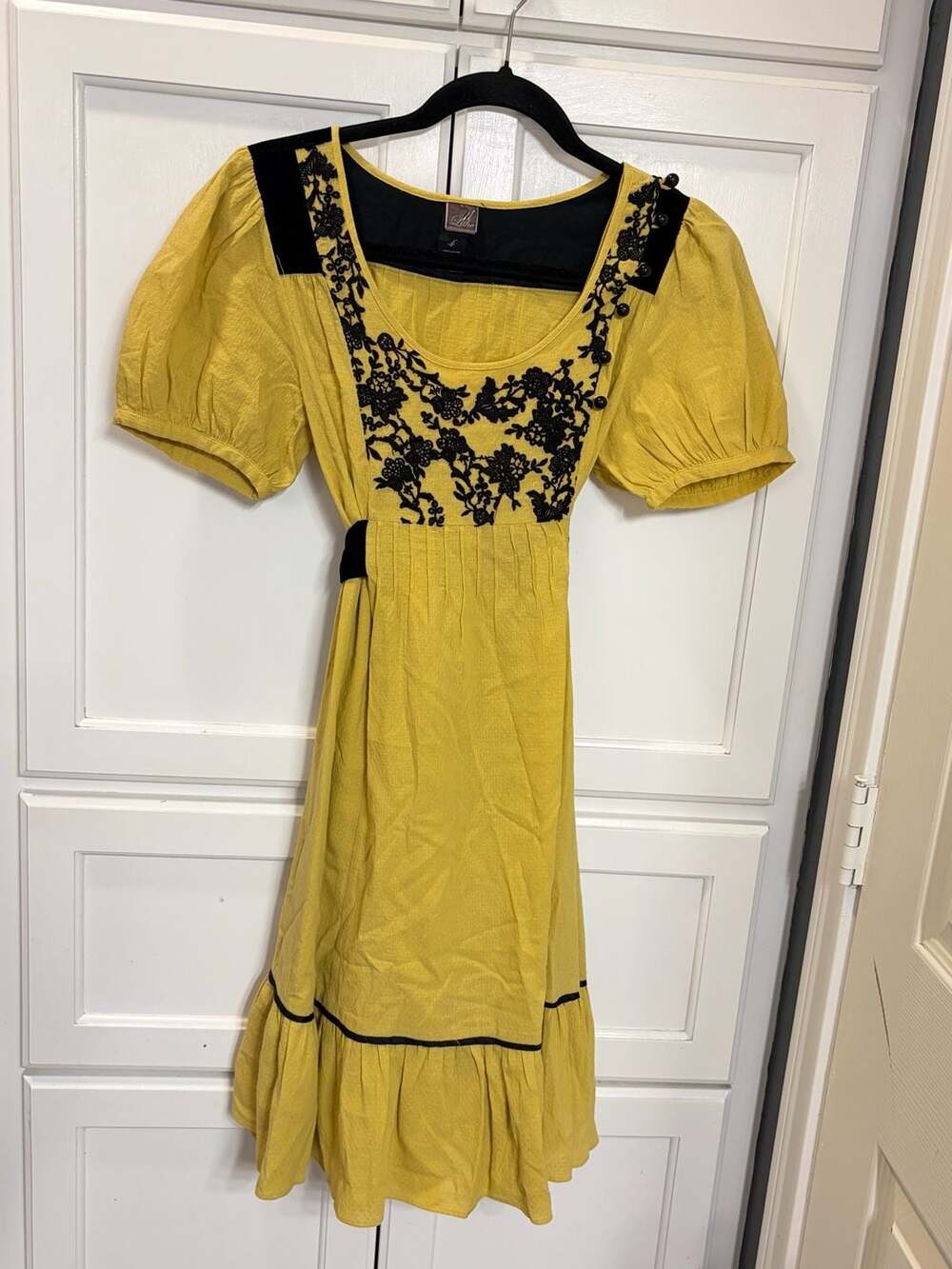 Lithe Anthropologie Yellow Embroidered Velvet Trim Dress Cottagecore Prairie